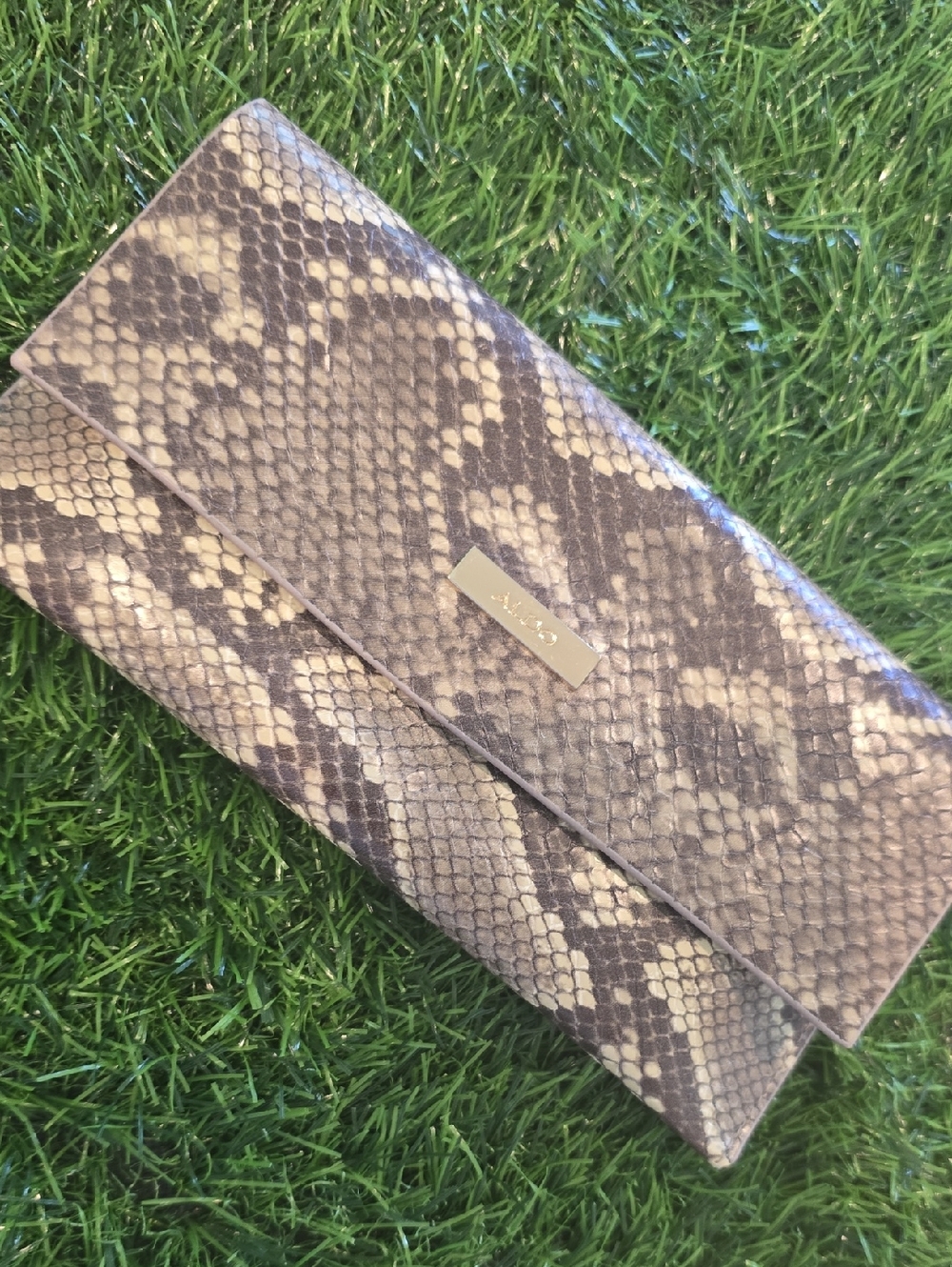 Aldo Taupe Snake-Print Foldover Clutch